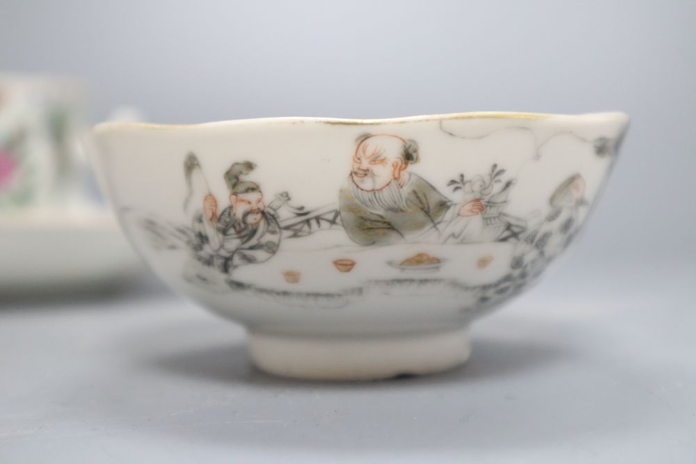 Three Chinese saucers and two teacups and a tea bowl, largest diameter 12.5cm